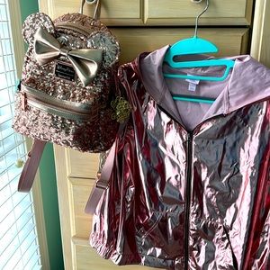 DISNEY PARKS LOUNGEFLY SEQUIN MINNIE BOOKBAG ,KEYRING PD $110+ SLICKER & BAG